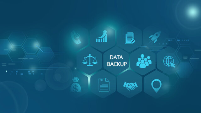 Digital interface featuring a central data backup text label surrounded by glowing blue hexagonal representing business, finance, and management concepts on a dark blue background