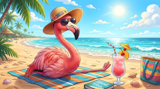 Cute flamingo sunbathing on summer beach holiday