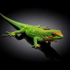 Fototapeta premium Vibrant Green Gecko Resting on Glossy Dark Surface in Dramatic Studio Light