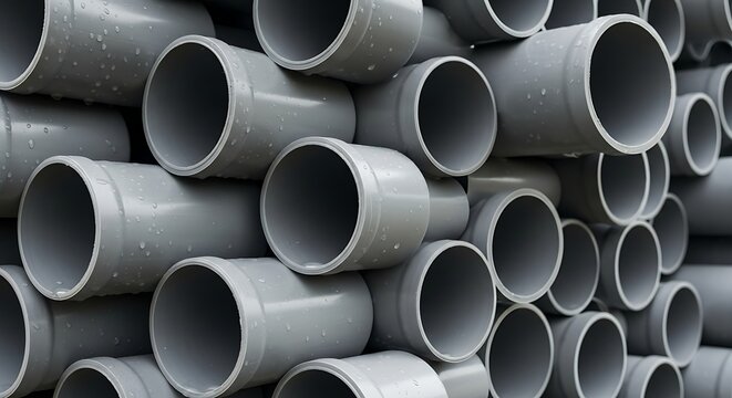 Gray Plastic Pipes Stacked in Industrial Storage Yard