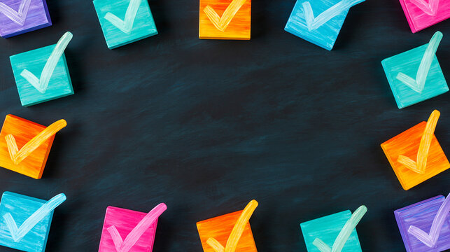 Colorful sticky notes with check marks on a dark background create a vibrant border.