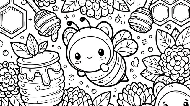 Cute cartoon bee surrounded by flowers and honey in a playful doodle style.