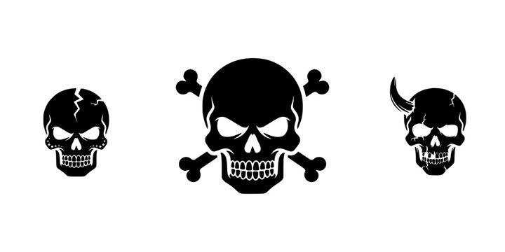 Three Skulls with Crossed Bones Each with a Unique Design Symbolizing Danger and Piracy Featuring Symbols, Illustration, Graphic