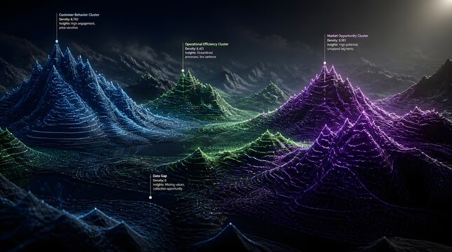 Data landscape with glowing mountain peaks representing clusters and analysis in a futuristic digital environment