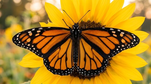 Macro shot of monarch butterfly on sunflower