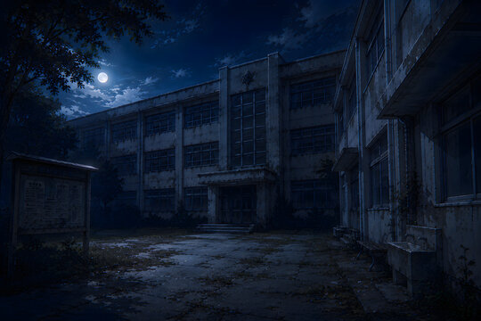 満月に照らされた静かな旧校舎の夜景