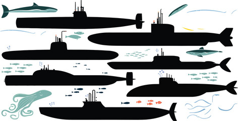 Submarine silhouettes, underwater ocean creatures, vector illustration, black submarines, sea life © mafia009