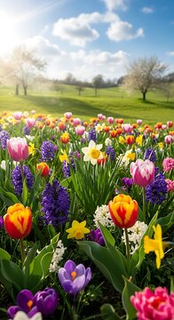 Colorful Spring Flowers Blooming in Sunny Meadow Garden