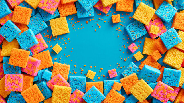 Colorful sponges arranged in vibrant patterns against a bright blue background.