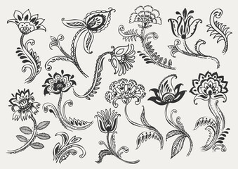 Fototapeta premium Floral elements set. Oriental decorative flowers. Vector illustration. For cards, poster, labels, boho background, ornament