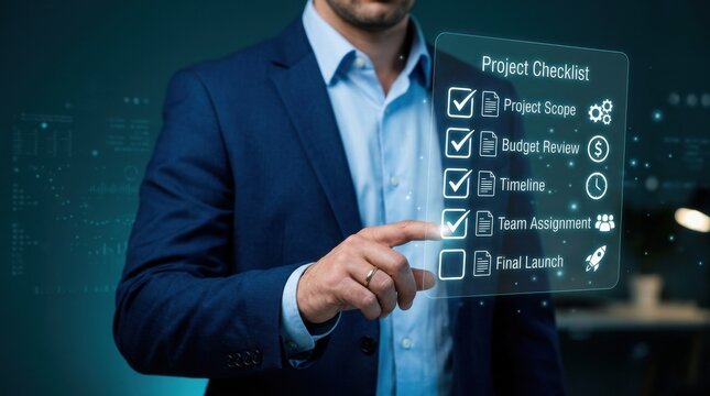Project management concept businessman interacting with a digital checklist for successful task completion