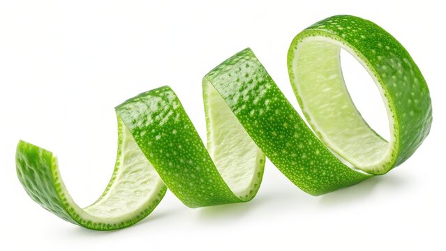 Fresh lime peel spiral isolated on white background, citrus zest twist, vibrant green fruit skin texture, food ingredient concept, creative garnish design, minimal food photography