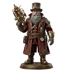 Fototapeta premium Steampunk dwarf man with long beard wearing a top hat and intricate mechanical armor holding a glowing gadget