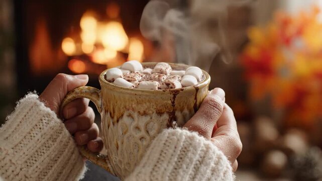 Cozy hands in a knitted sweater holding hot chocolate with marshmallows by a glowing fireplace, warm autumn home atmosphere with hygge comfort, soft light, relaxation and seasonal mood