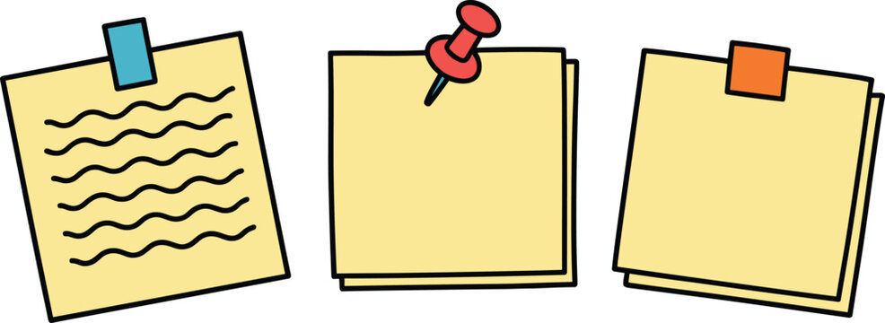 Yellow Sticky Notes Vector Set Featuring Hand Drawn Reminder Paper Blocks with Wavy Lines Text, Red Push Pin, and Sticky Tape