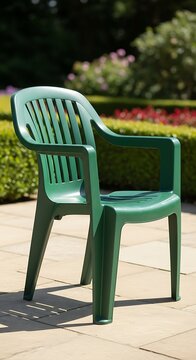 Green Plastic Garden Chair Standing on Sunny Patio in Landscaped Backyard