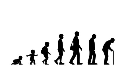 Fototapeta premium Silhouette Illustration Depicting Stages of Human Life From Baby to Elderly Person with Cane Featuring Toddler, Child, Teenager