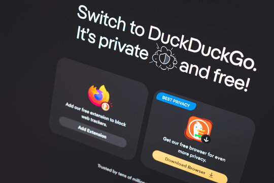 Coublevie, France - July 9, 2026: A close-up shot of the DuckDuckGo search engine on a laptop screen