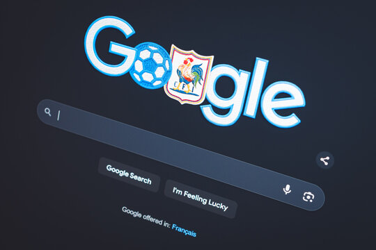 Coublevie, France - July 9, 2026: A close-up shot of Google's homepage on a laptop screen