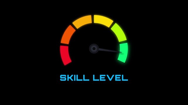 Animated skill level meter gauge with glowing rainbow colors with traversing rainbow spectrum moving pointer traversing