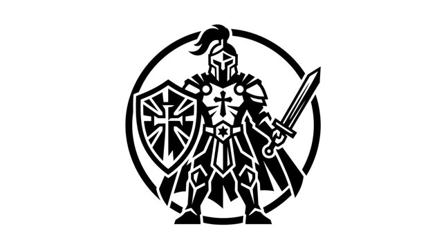Medieval Knight Warrior Emblem with Sword and Shield, Black and White