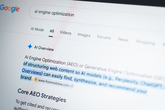 Coublevie, France - July 9, 2026: A close-up shot of Google AI search results for AI engine optimization (AEO)