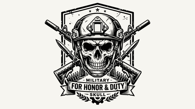 Military Skull Emblem with Rifles and Bayonets, For Honor and Duty