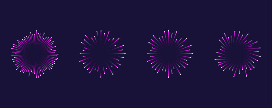 Set of abstract circular sound waves or firework explosions with glowing gradient. representing digital audio pulses music spectrum visualization or festive firework explosion shapes.