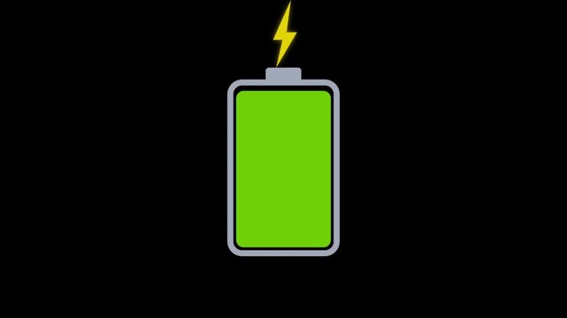 Animated battery charge level icon with green and yellow lightning symbol charging with digital animation battery