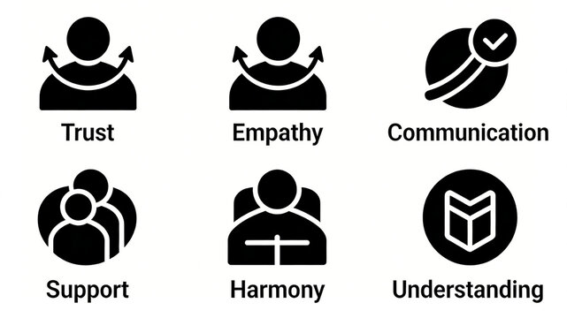 Six humanistic style minimalist humanoid themed icons are neatly arranged, representing the concepts of interpersonal trust, empathetic communication, and team collaboration.
