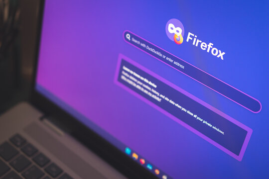 Coublevie, France - July 9, 2026: A close-up shot of the Firefox private browsing window on a laptop screen