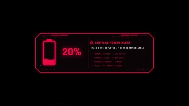 Futuristic digital interface displaying critical battery power alert warning for sci fi system monitoring
