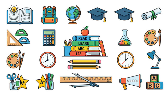 Back to School Supplies and Education Icons Set