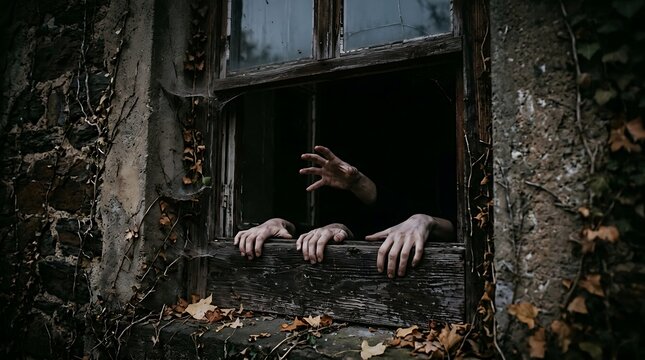 Spooky halloween scene creepy hands emerging from a dark dilapidated window for a frightful holiday display