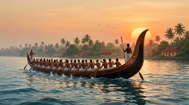 Traditional kerala snake boat race at sunset with rowers on tropical river and palm trees in onam festival