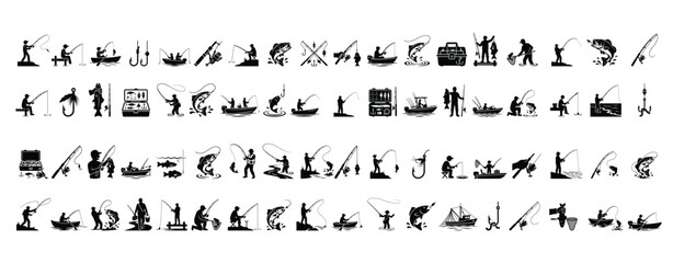 Fishing and Angling Silhouette Icons Collection with Fisherman, Rod, Reel, Boat, Hook, Fish, Tackle Box and Outdoor Sport Vector Set © Panji