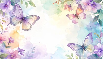 Fototapeta premium Watercolor Butterfly Floral Background with Copy Space and Pastel Colors