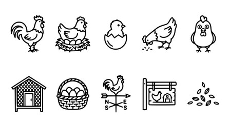 Farm animals and structures line icons set rooster hen chicks coop and compass © aliful