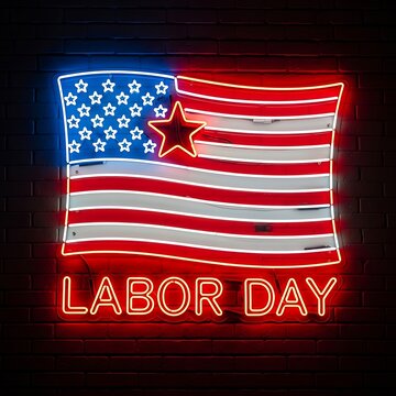 Glowing Neon American Flag Sign Displayed on Dark Brick Wall for Labor Day