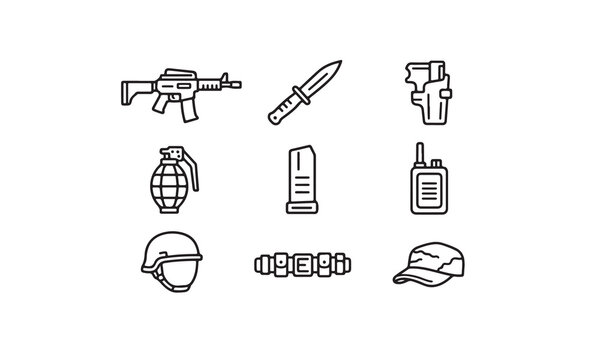 Military Tactical Equipment Line Icons Set, Weapons and Survival Gear Collection