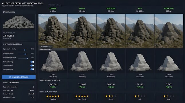 3D Rock Asset Optimization Comparison Tool Showing Level of Detail Reduction and Polygon Count Impact