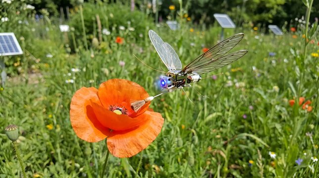 Mechanical insect drone hovering near a bright orange poppy flower