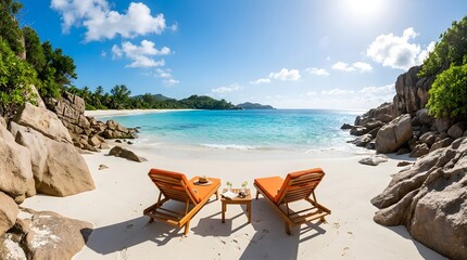 Naklejka premium Two orange beach loungers tropical island paradise