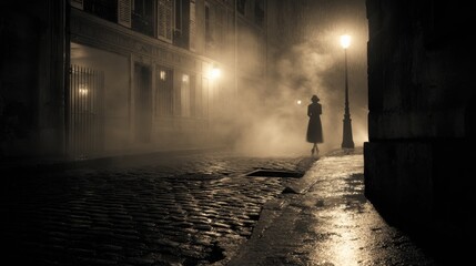 Fototapeta premium Dark and mysterious Paris street at night, vintage atmosphere, cobblestone pavement glistening faintly, a single dim lamppost casting timid warm light 