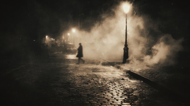 Dark and mysterious Paris street at night, vintage atmosphere, cobblestone pavement glistening faintly, a single dim lamppost casting timid warm light

