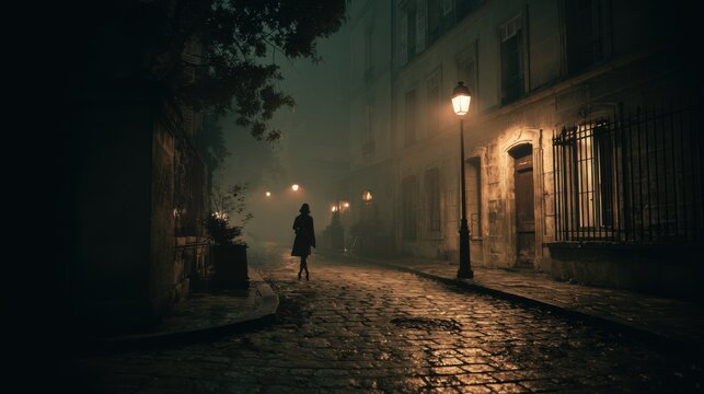 Dark and mysterious Paris street at night, vintage atmosphere, cobblestone pavement glistening faintly, a single dim lamppost casting timid warm light
