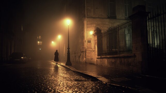 Dark and mysterious Paris street at night, vintage atmosphere, cobblestone pavement glistening faintly, a single dim lamppost casting timid warm light
