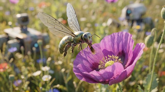 Close up of a metallic robot bee gathering pollen from a purple poppy