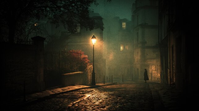 Dark and mysterious Paris street at night, vintage atmosphere, cobblestone pavement glistening faintly, a single dim lamppost casting timid warm light
