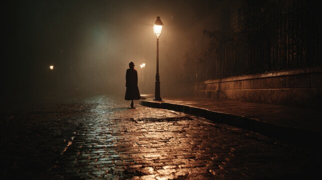 Dark and mysterious Paris street at night, vintage atmosphere, cobblestone pavement glistening faintly, a single dim lamppost casting timid warm light
